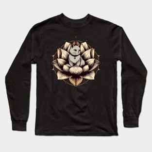 Spiritual retro cat in lotus Long Sleeve T-Shirt